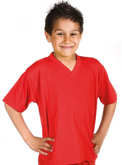boy wearing red v neck sports tee